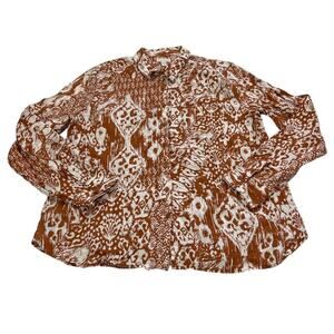 Garnet Hill Women’s 12 Button Down Shirt Blouse Brown 100% Linen Abstract Flowy